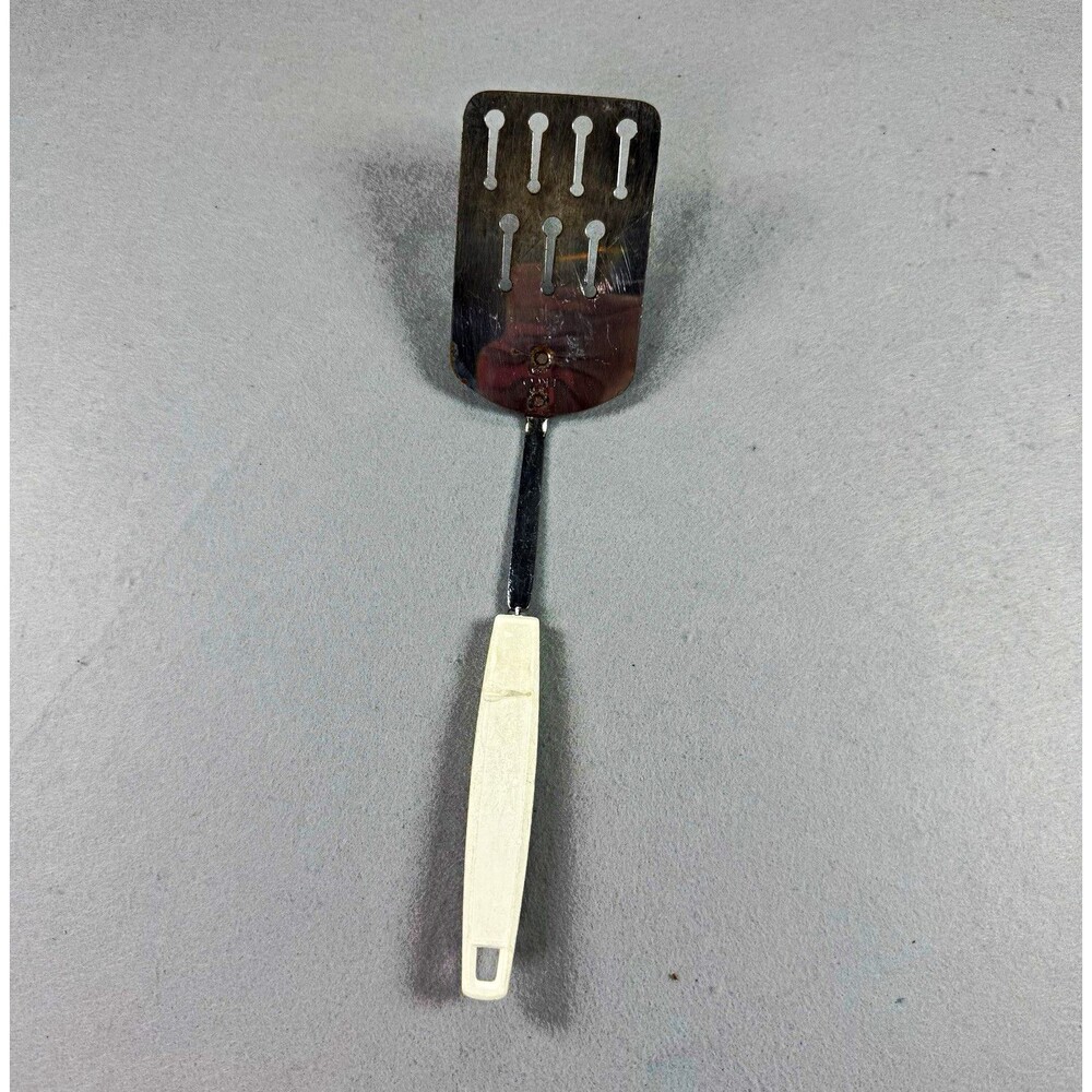 Vintage EKCO Slotted Metal Spatula Turner Silver with White Plastic Handle Retro